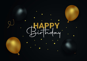 Happy birthday background illustration with golden balloons on a dark background 