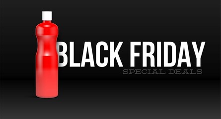 Black Friday sale banner with household cleaner or detergent red bottle. Shopping holiday ad for discount event.