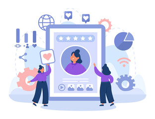 Female brand owner managing online presence. Woman working on personal branding strategy flat vector illustration. Management, internet, marketing concept for banner, website design or landing page