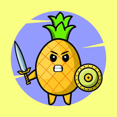 Cartoon pineapple mascot holding sword and shield in cute style for t-shirt, sticker, logo element
