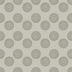 Ammonite vector seamless pattern background. Hand drawn ribbed spiral-form shell cephalopod fossil. Neutral beige backdrop. Extinct ancient marine predators.Repeat for museum,natural history, school