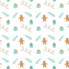 Winter seamless pattern - gingerbread man, candle, garland, branch, cup of cocoa on white background