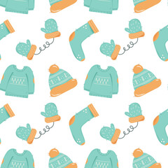 Winter seamless pattern - sweater, mittens, socks and hat