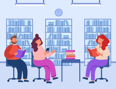 Group of college students or adults reading books in library. People sitting on chairs in classroom and discussing books together flat vector illustration. Education, book club concept for banner