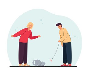 Smiling male and female characters playing with cat. Family couple spending time with pet flat vector illustration. Pet care, friendship concept for banner, website design or landing web page