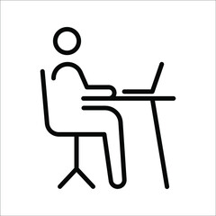 Fototapeta premium Remote Work. Line Symbol Worker Man at the Desk Designer-Freelancer. Icon in Outline Style From the Set Icons of Coworking and Workplace or Workspace. Custom Vector Pictogram Editable Stroke.