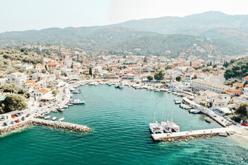 Fototapeta na wymiar Drone photo in Kassiopi Harbor, Corfu, Greece