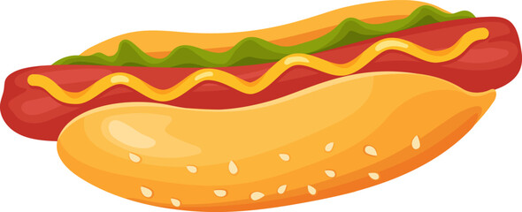 Hot dog with ketchup and mustard sauce. Vector hot dog with sausage and sauce mustard, fast food with ketchup illustration design