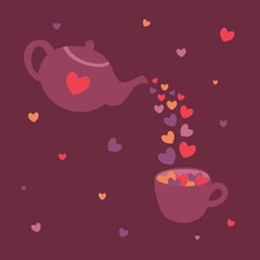 Vector illustration of teapot and cup with hearts. Design for Valentine's day.