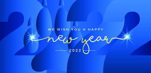 We wish you a Happy New Year 2022, sparkling stars, gold, white, blue background 2022. EPS 10