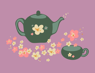 Vector illustration of teapot and teacup with flowers. Hand drawn design.