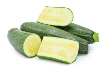 Whole and slices zucchini isolated on white background.