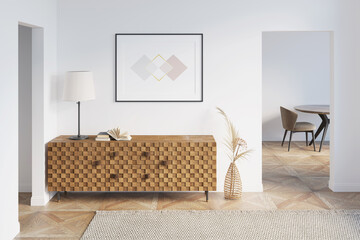 White hallway with a horizontal poster above a wooden dresser between two doorways, dried flowers in an openwork vase, a carpet on a parquet floor, a table, and a chair in the background. 3d render