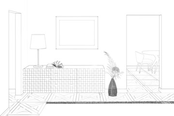 Sketch of the hallway with a horizontal poster above a dresser between two doorways, dried flowers in an openwork vase, a carpet on a parquet floor, a table, and a chair in the background. 3d render