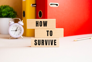 Wooden cubes stacked on top of each other make up the HOW TO SURVIVE inscription. Design on the desktop.