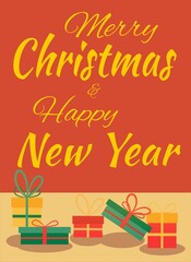 Boxes with gifts on a festive, bright, orange-yellow background. Lettering Merry Christmas and Happy New Year. Can be used for congratulations