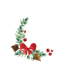 Winter wreath painted by watercolor. Hand drawn illustration.