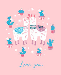 Cute vector illustration for valentines day. Animalistic concept Couple of lovers. Hearts, llamas, lettering. Love you. For postcards, posters, printing on clothes. In a flat style © Любовь Кондратьева