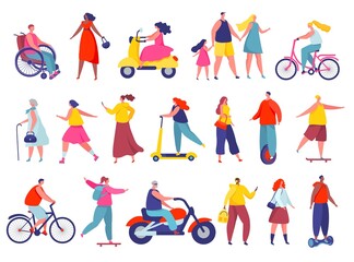 People walking on city street, running or riding bicycle. Active characters on skateboard and scooter, summer outdoor activities vector set. Young man and woman on hoverboard, electric unicycle