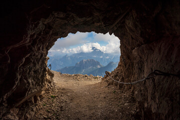 Tunnel in the rock. Marmolada. Dolomites.