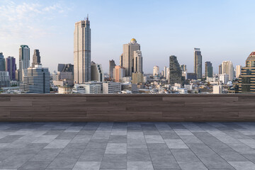 Obraz na płótnie Canvas Panoramic Bangkok skyline view, concrete observatory deck on rooftop, daytime. Luxury Asian corporate and residential lifestyle. Financial city downtown, real estate. Product display mockup empty roof