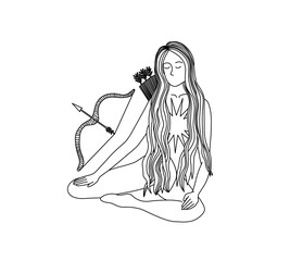 Sagittarius zodiac sign. Silhouette of the astrological sign of gold color on a dark background. Magic illustration. women. Girl with bow and arrow. Mythical drawing. Starry sky. Brave woman