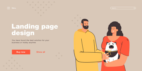 Man presenting dog to woman. Female character holding happy puppy. Bearded male character giving dog with red ribbon to his sweetheart. Love concept for banner, website design or landing web page