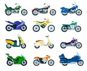 Motorcycles, motorbike, delivery scooter, chopper flat icon. Vintage motorcycle, side view different types of motorbiking vehicles vector set. Various transport models for speed racing