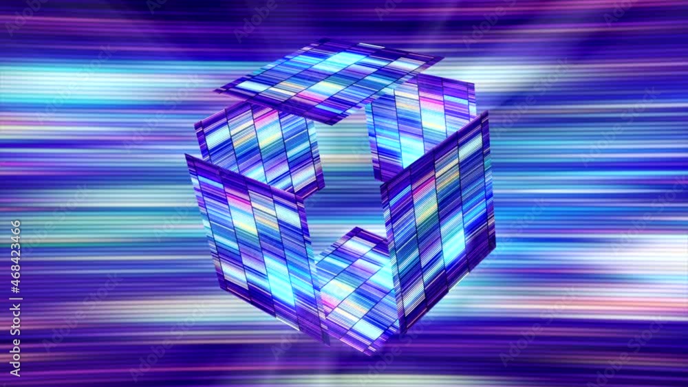 Poster empty glowing cube in cyberspace. motion. futuristic glowing cube decomposing into pieces in cybersp
