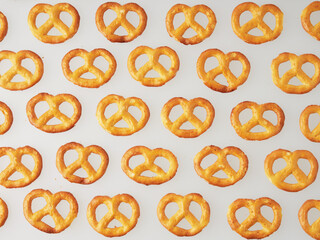 Pretzels isolated on white background. Flat lay. Top view