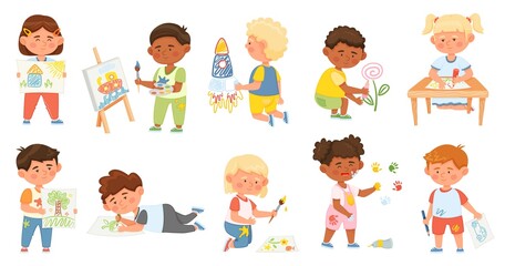 Kids drawing pictures on wall or paper, artistic children painting. Cartoon young artists, boys and girls with creative art hobby vector set. Preschool activity, cute characters with brush, pencil