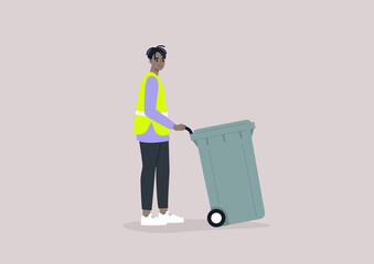 A young male African character collecting a waste bin, Utility service, environmental conversation, a plastic garbage container on a wheel - obrazy, fototapety, plakaty