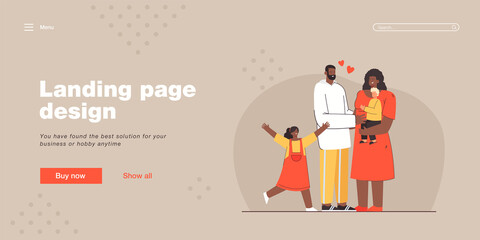 Family welcoming foster child. Black woman holding white boy. Everyone happy and loving. Girl jumping joyfully. Foster parenting concept for banner, website design or landing web page