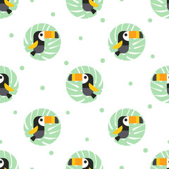 Seamless polka dot pattern with cartoon toucans. Vector tropical print.