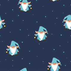 Seamless night Christmas pattern with cute cartoon dwarf. Baby print.