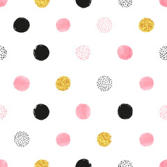 Seamless polka dot pattern with pink, black and golden circles. Vector abstract background with round shapes.	