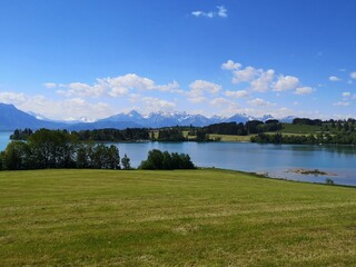 Fototapeta na wymiar Ostallgäupanorama mit Attlesee, Säuling und Tegelberg im Sommer bei blauem Himmel