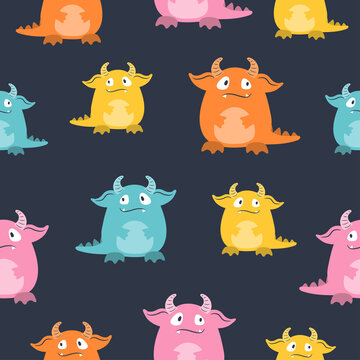 Seamless cute monster pattern. Colorful vector illustration for kids.