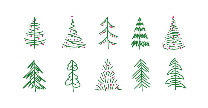 Christmas trees set, sketch fir trees for new year greetings design