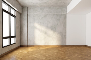 Obraz premium Loft empty room with bare cement wall and pattern wood floor. 3d rendering