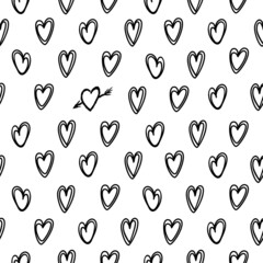 Hearts seamless pattern valentines day. Loneliness concept. Ink hearts. Black and white. Bright vector illustration in hand drawn style. Monochrome tones. For wallpaper, printing on fabric, wrapping