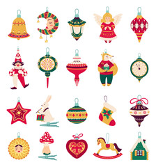 Christmas tree decorations and toys, xmas balls with ornaments. Cute winter holiday hanging decoration, retro new year tree toy vector set. Angel, fox, house and rabbit with drums decor