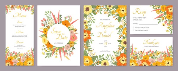 Fototapeta na wymiar Botanical wedding invitation card template with flowers and leaves. Floral menu, rsvp or save the date cards with wildflowers vector set. Decorative spring plants with blossom for print