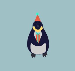A cheerful penguin has received a gift for his birthday and is sitting happy and joyful
