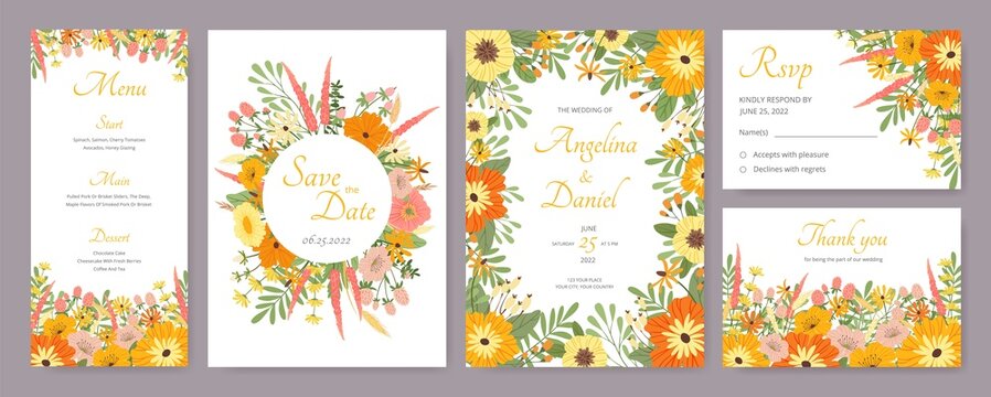 Botanical wedding invitation card template with flowers and leaves. Floral menu, rsvp or save the date cards with wildflowers vector set. Decorative spring plants with blossom for print