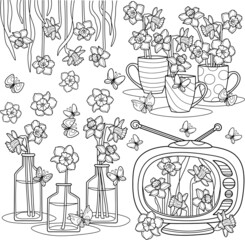 Set of daffodils, coloring page for children and adults