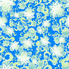 Watercolor seamless pattern with folky flowers and leaves in ethnic style. Floral decoration. Traditional paisley pattern. Textile design texture.Tribal ethnic vintage seamless pattern.	