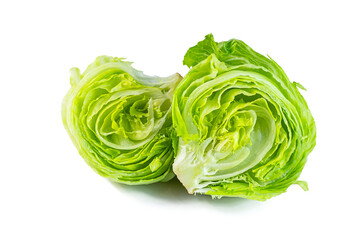 Fresh green iceberg lettuce salad leaves cut isolated on white background. - obrazy, fototapety, plakaty