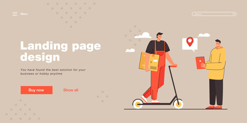 Man delivering goods vector illustration. Young male character on scooter. Deliveryman holding cardboard box. Delivery concept for banner, website design or landing web page