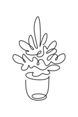 Fir tree in a container in continuous line art drawing style. Potted Christmas tree minimalist black linear design isolated on white background. Vector illustration
